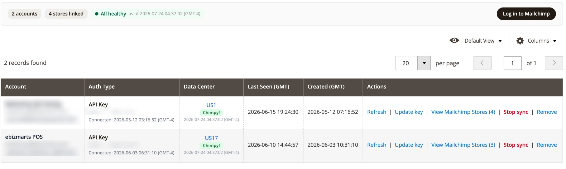 Two Mailchimp accounts across two data centers, every store healthy, in one admin view