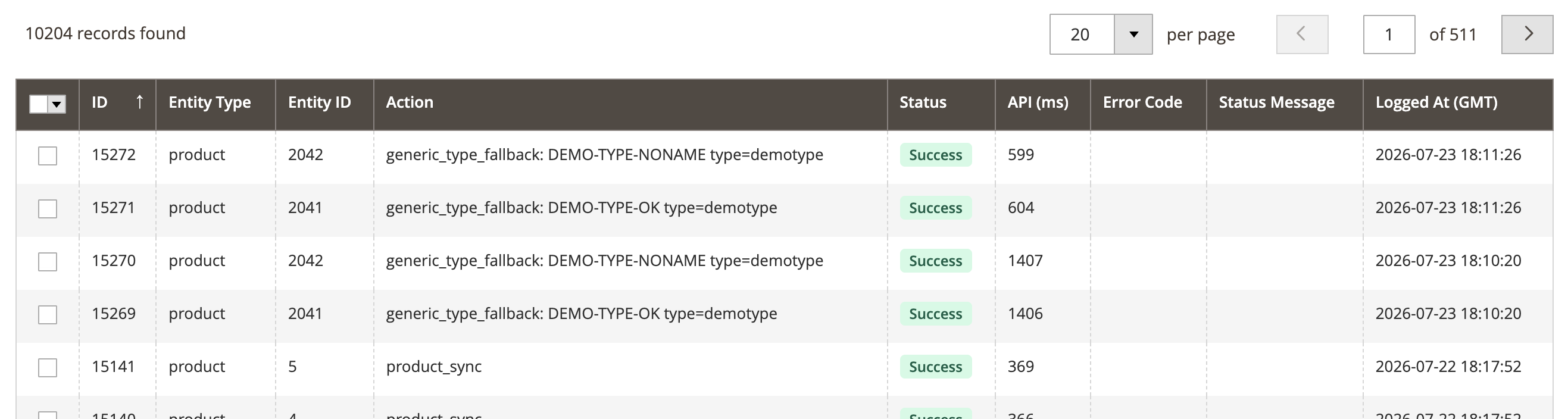 Every push is on the record: the API Log names the SKU and type each time a custom-type product syncs