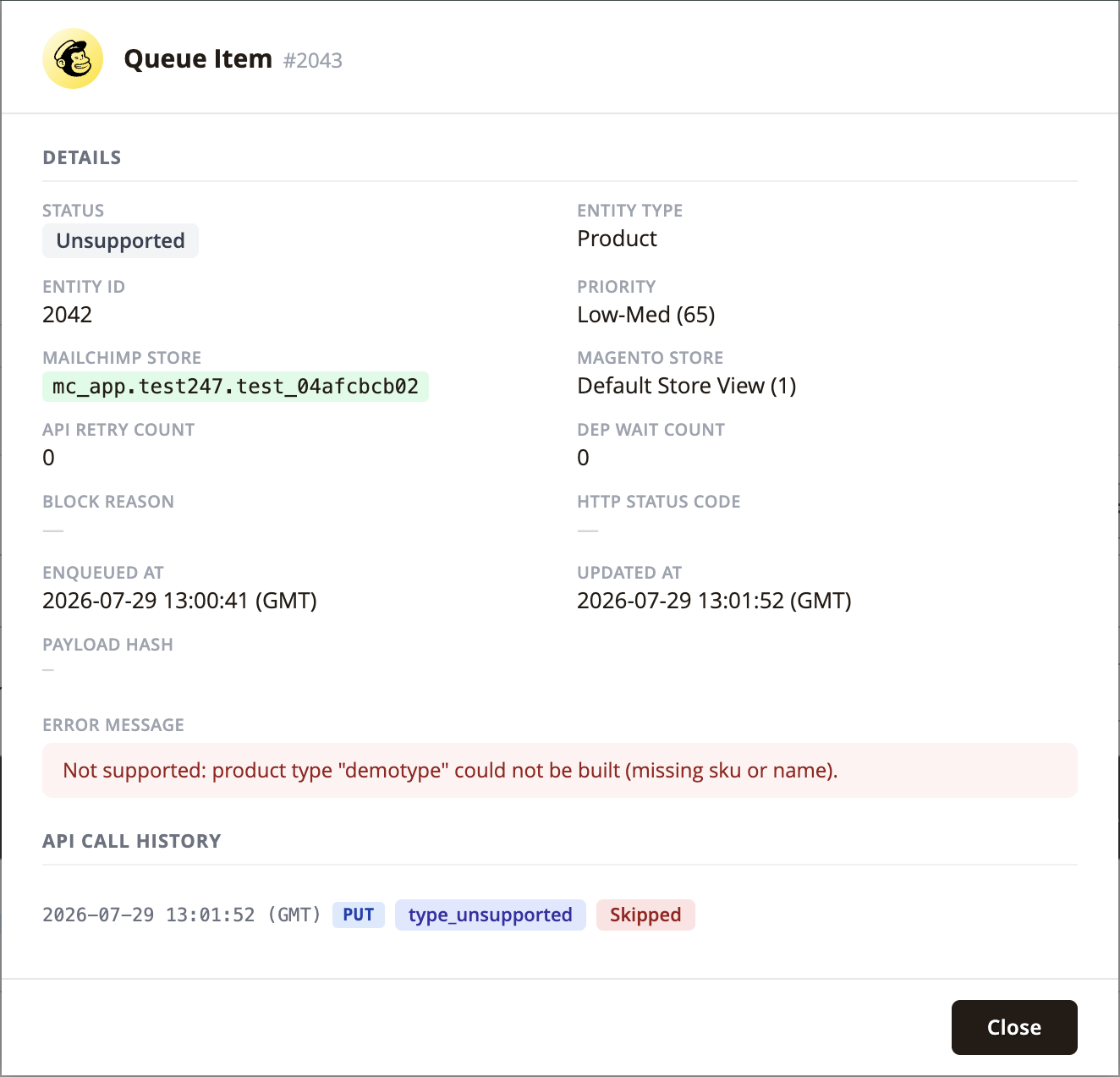 The queue row's detail: the honest status, the exact reason, and the audit trail