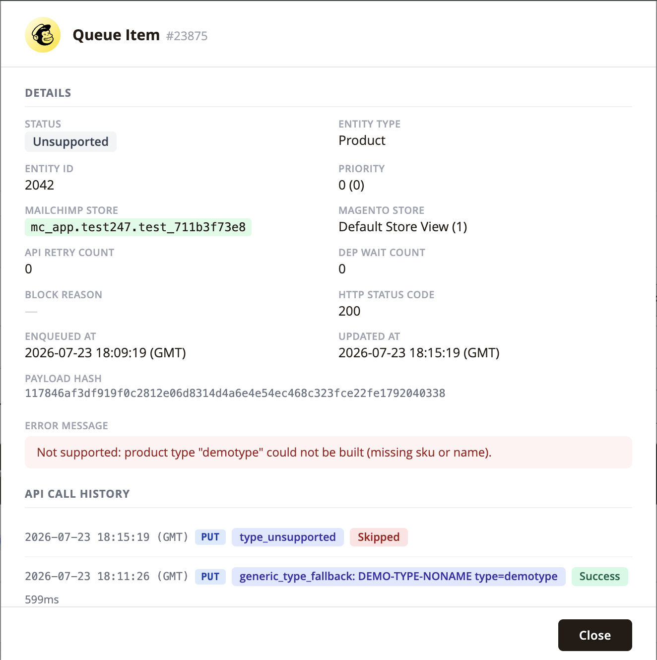 The queue row's detail: the honest status, the exact reason, and the audit trail