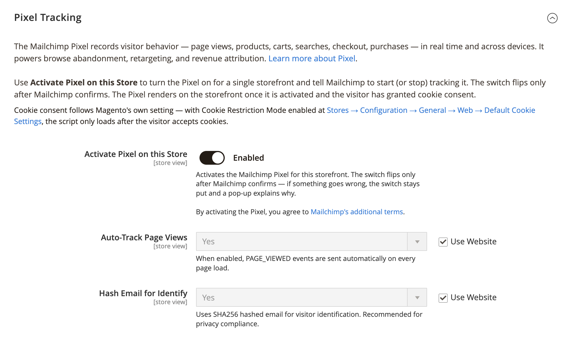 The Pixel Tracking settings